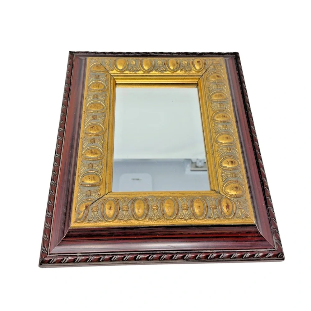 Vintage Wall Mirror Faux Wood Gilt Embossed Frame 12x10 Decorative